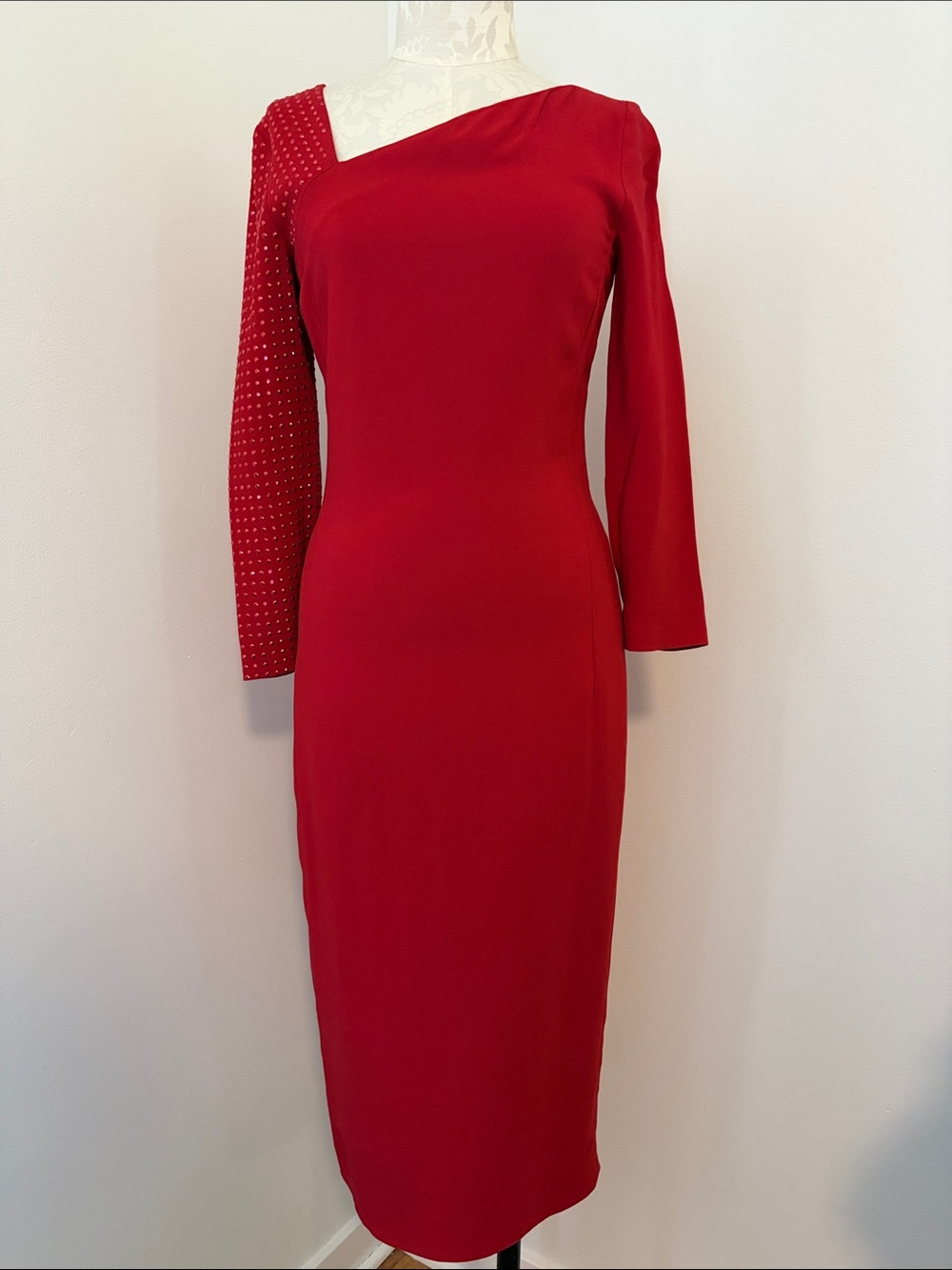 Just Cavalier Red One-Shoulder Long Sleeve Sheath Dress size 44 woman’s 8? NWT